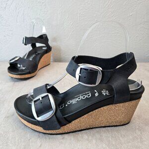 Papillio Birkenstock Wedge Sandals Black Leather Open Toe Buckle Chunky Platform